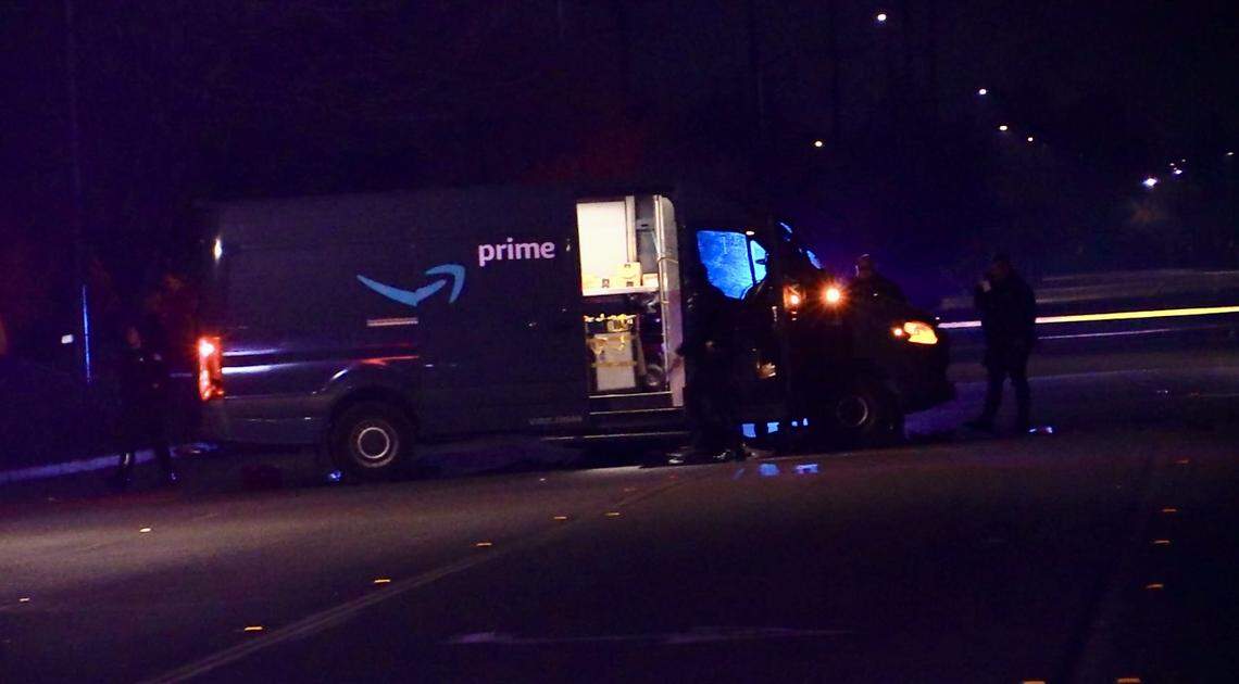 Two people on a motorcycle collided with a Amazon delivery van in Fresno, California, on Sunday, Dec. 15, 2024. Both were pronounced dead at the scene.