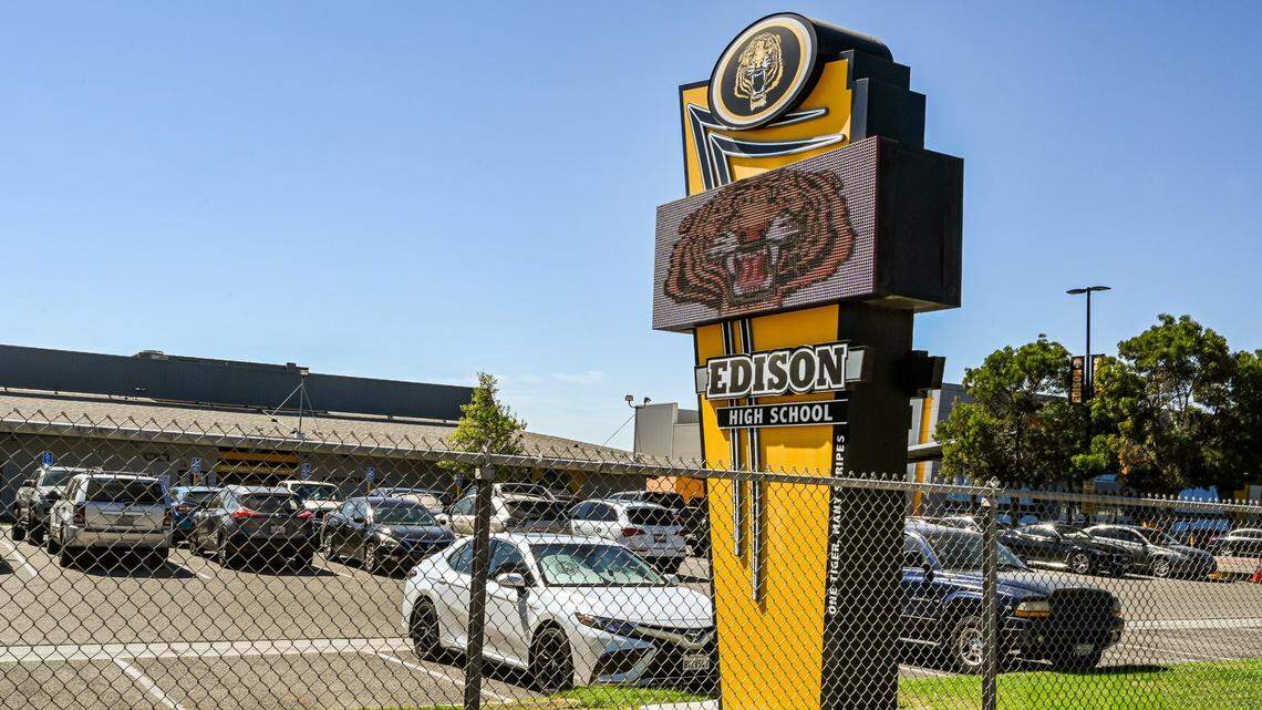 The front of Edison High School on California Avenue in west Fresno.