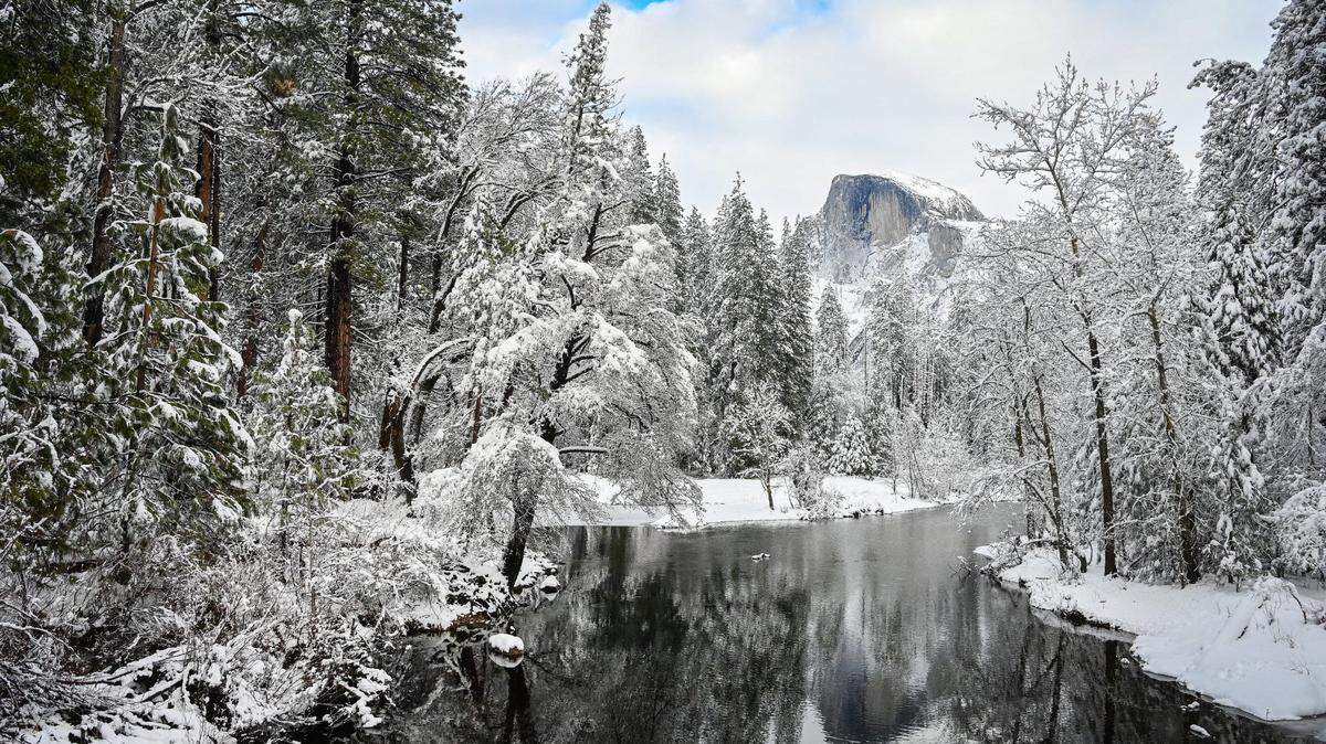 A beautiful winter scene: Snow covers trees and Half Dome in the distance, as seen from Sentinel Bridge over the Merced River in Yosemite in this December 2021 photo.