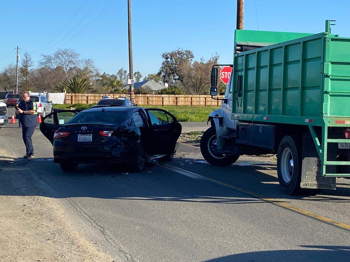Officers investigate where a school bus carrying special needs children was involved in a suspected DUI crash in Fresno County on Wednesday, Feb. 15, 2023.