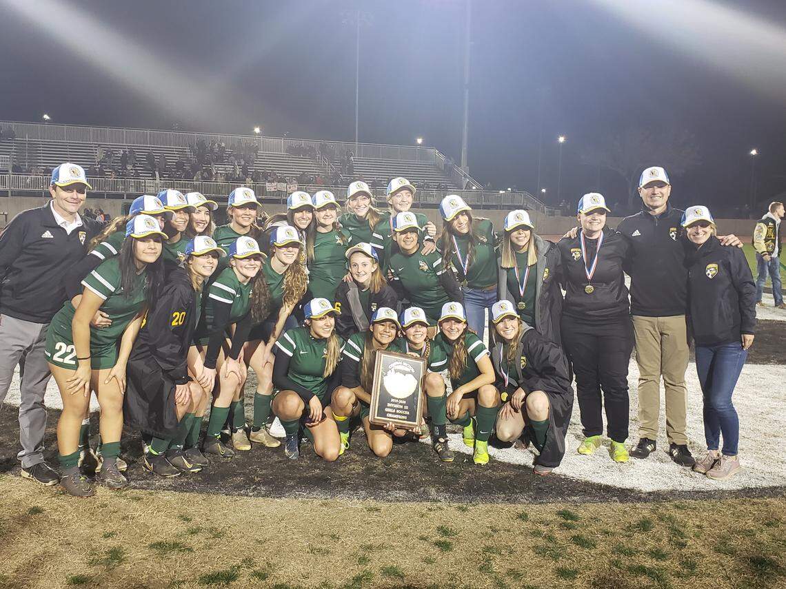 The Kingsburg High girls soccer team celebrates its Central Section championship.