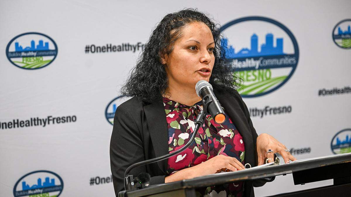 Sandra Celedon, President and CEO of Fresno Building Healthy Communities, holds a press briefing at the organization's office in Fresno on Wednesday, Jan. 7, 2026, to comment on an upcoming hearing on a highway expansion project at North and American avenues south of Fresno.