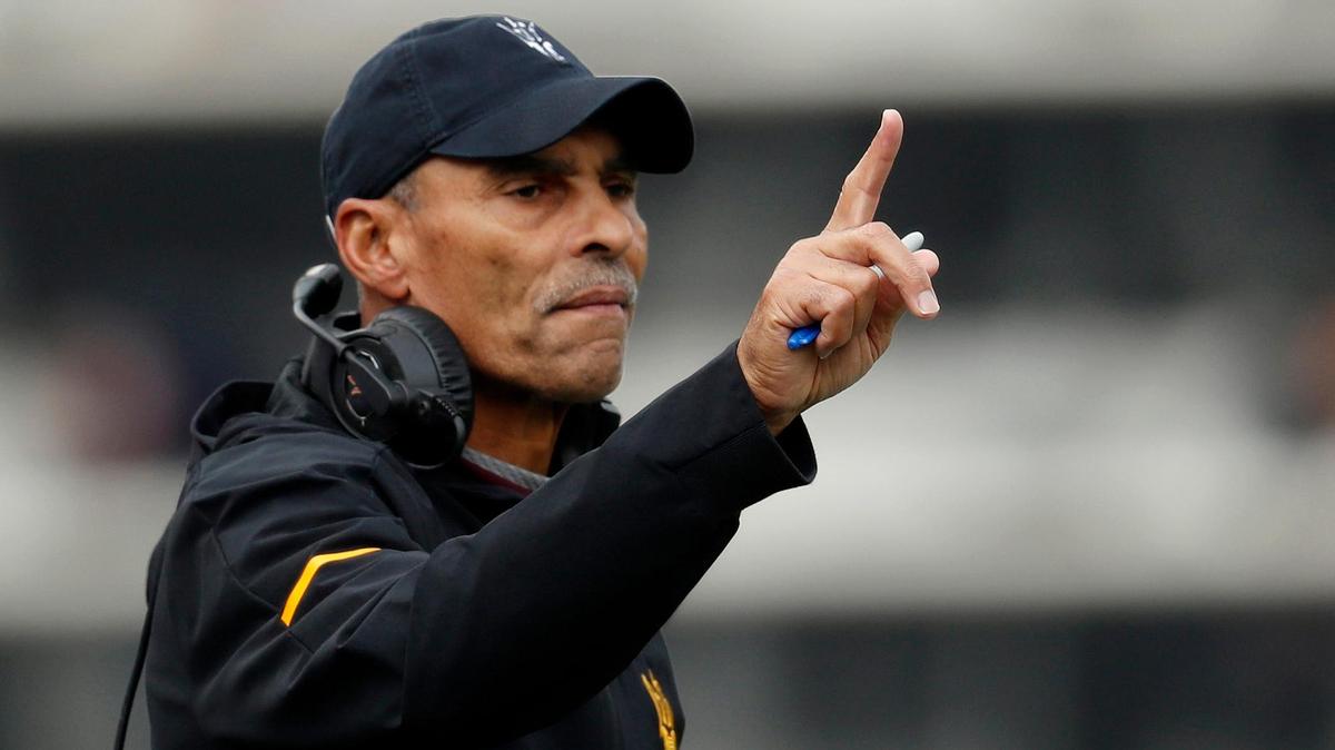 FILE - In this Saturday, Oct. 6, 2018, file photo, Arizona State head coach Herm Edwards gestures during the first half of an NCAA college football game in Boulder, Colo. Arizona State’s first season under coach Herm Edwards has been a solid one. The Sun Devils beat some good teams, lost some close games and are bowl eligible. (AP Photo/David Zalubowski, File)