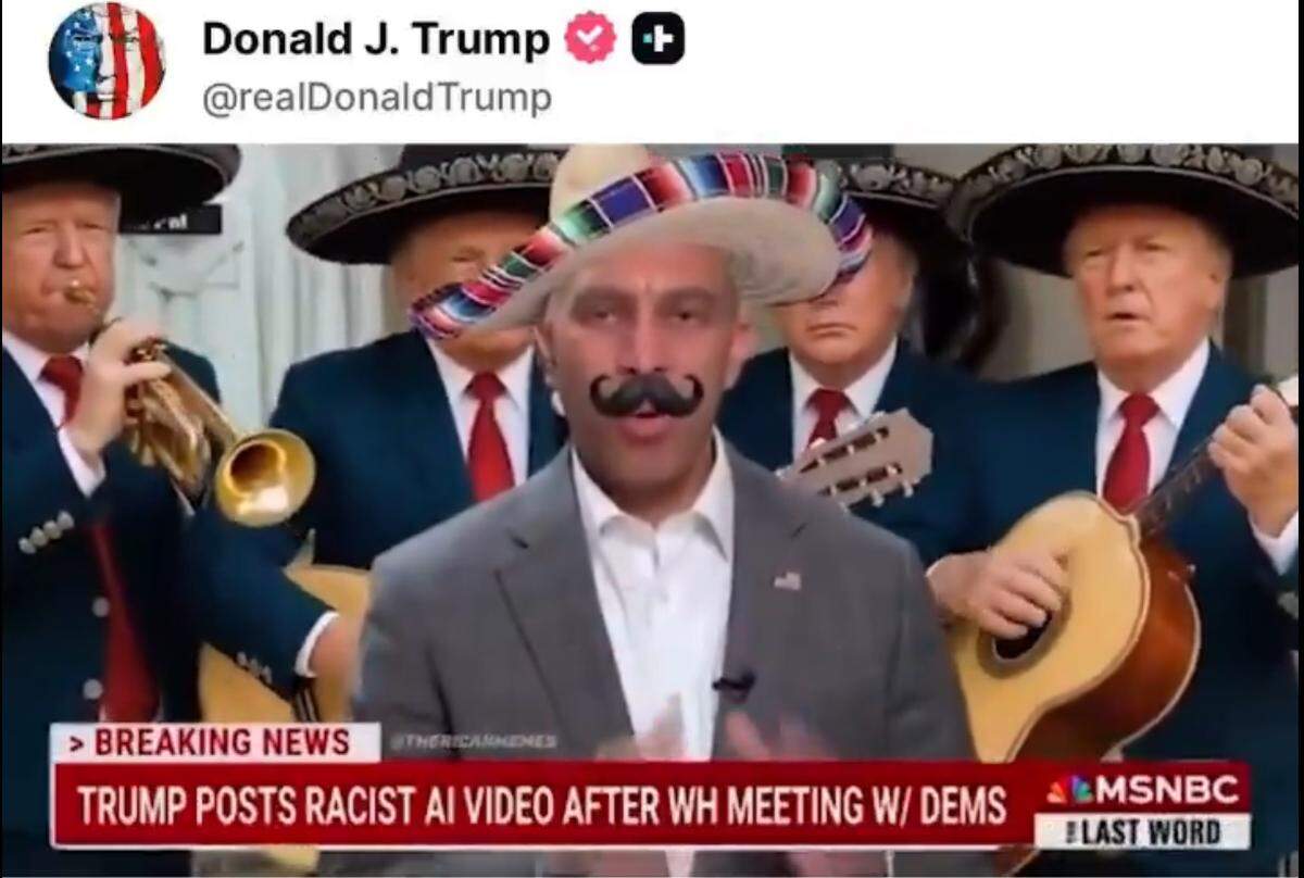 President Donald Trump posted a video of House Minority Leader Hakeem Jeffries decked in a Mexican sombrero and mustache in front of an all-Trump mariachi.