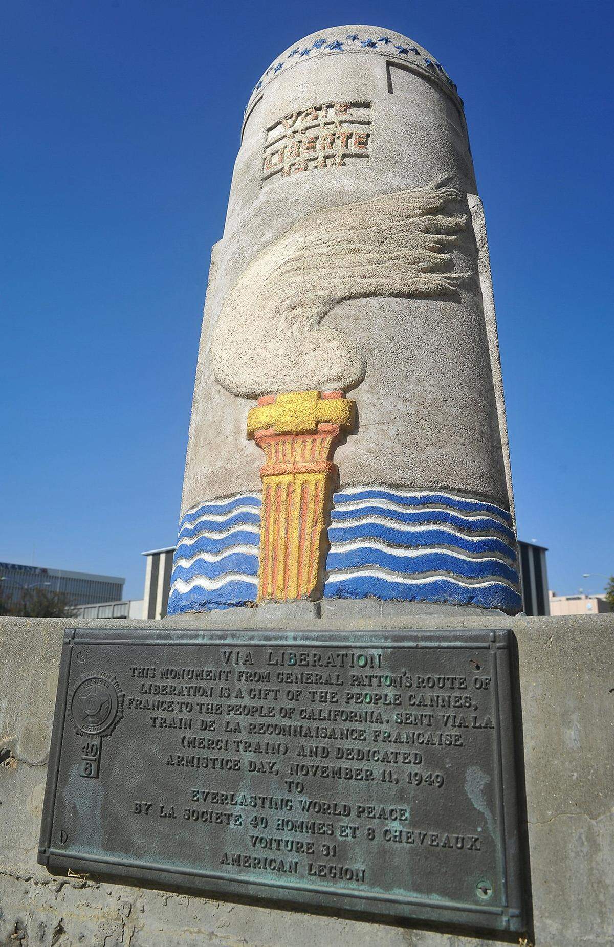 One of the original gifts of gratitude from France, shipped over in the California Merci Boxcar, was this 5-foot-tall concrete monument in Courthouse Park. It was originally erected by the French along the La voie de la Liberté (The Path of Freedom), the route American forces took during World War II as they liberated France from the German army.