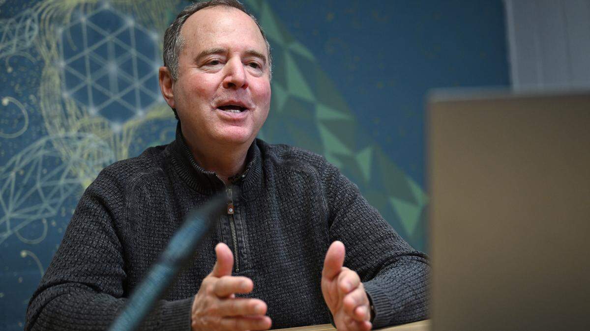 Sen. Adam Schiff sits down for a McClatchy California Editorial Board Meeting which included virtual attendees Friday, May 23, 2025 at Factory 41 in Fresno.