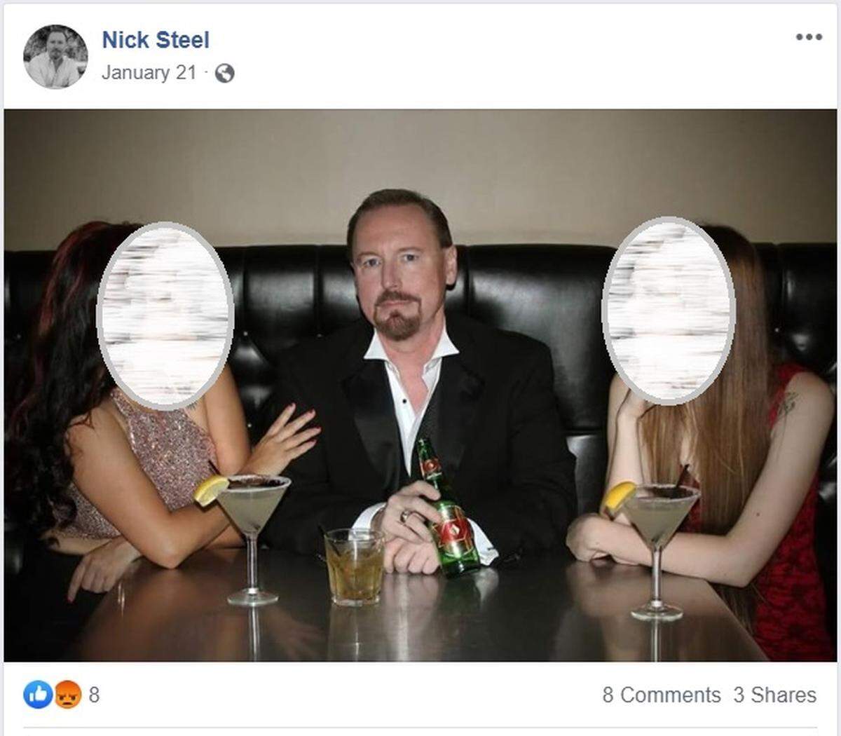 A screen capture of an uncaptioned January 2019 post on Nickey Stane’s alternate Facebook profile for “Nick Steel” shows Stane in a restaurant booth with two women and holding a bottle of Dos Equis beer – a pose reminiscent of the beer company’s former “most interesting man in the world” advertising campaign.