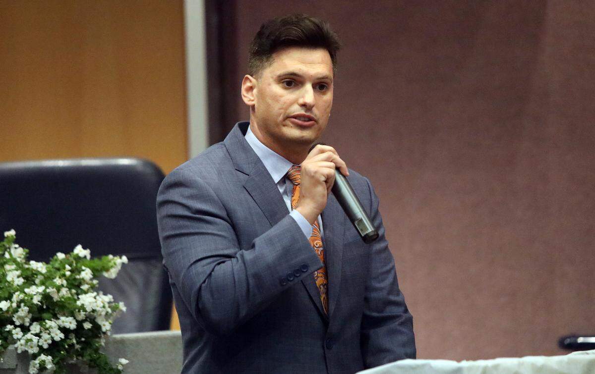 Stanislaus County Supervisor Channce Condit welcomed state Sen. Marie Alvarado-Gil to her community swearing-in ceremony at the Modesto Irrigation District board room on March 16, 2023.