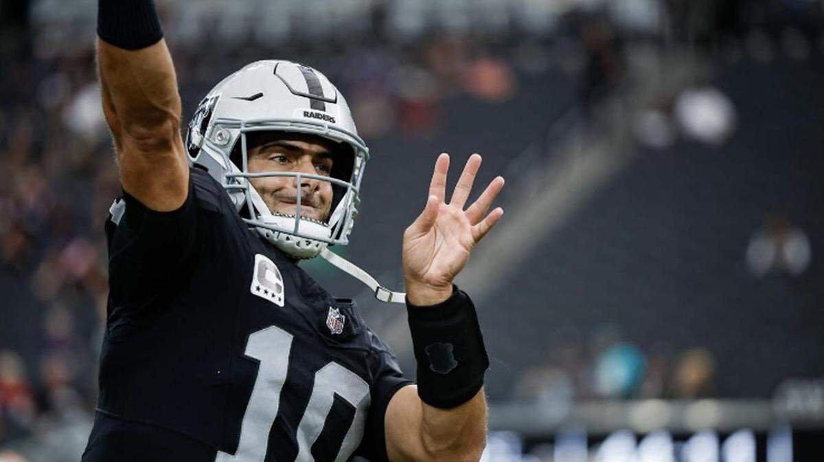 Las Vegas Raiders quarterback Jimmy Garoppolo prior to the NFL game against the New England Patriots on Sunday, Oct. 15, 2023.