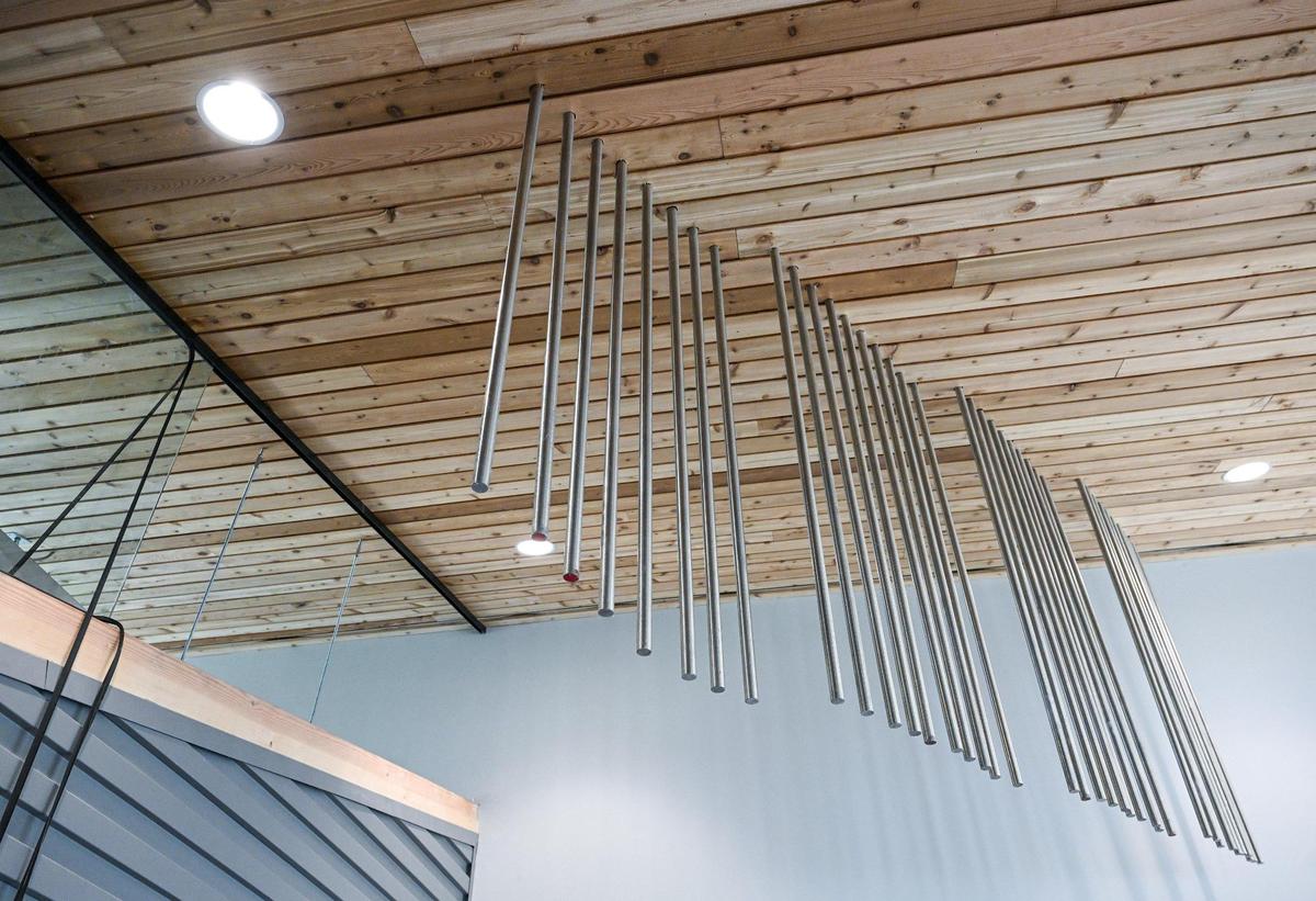 A decorative feature, added by architect Arthur Dyson, hangs from the ceiling of the new Clovis Botanical Garden visitors center, which is nearing completion.