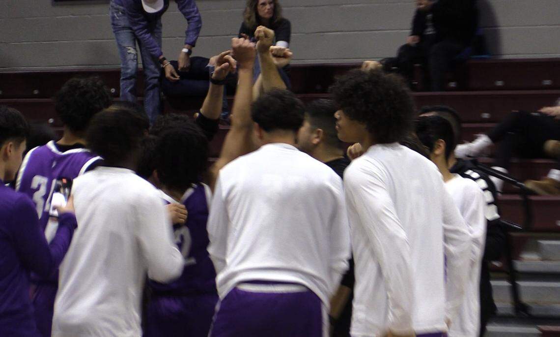 Mission Oak celebrates a win over top-seed Fresno Christian in the Central Section Division IV quarterfinal game on Thursday, Feb. 15, 2024.