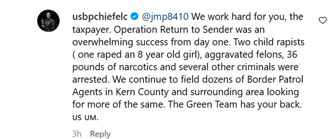 Screenshot of a comment made on an Instagram post by Gregory K. Bovino, U.S. Border Patrol Sector Chief.