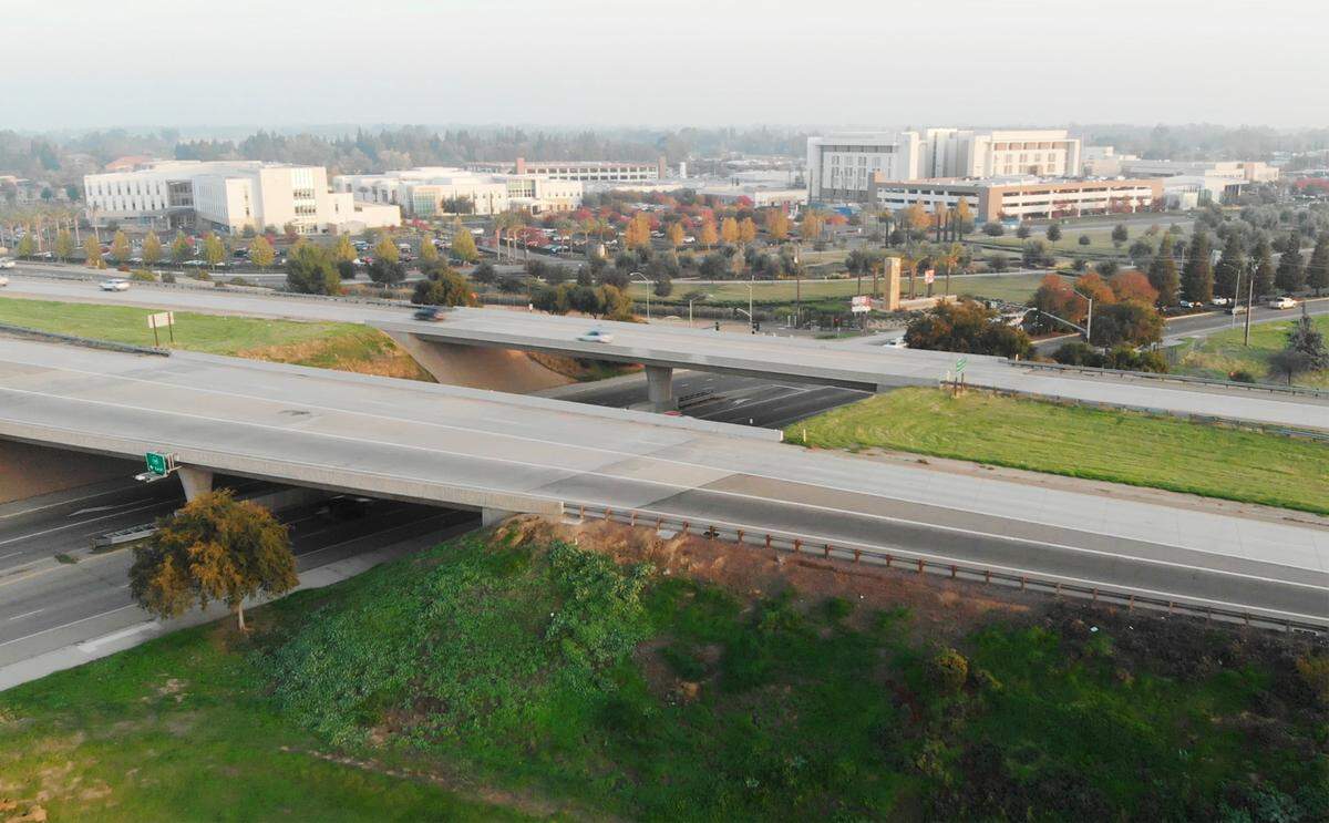 A drone photo showing Clovis Community Medical Center across Freeway 168. Photographed Nov. 30, 2021 in Clovis.
