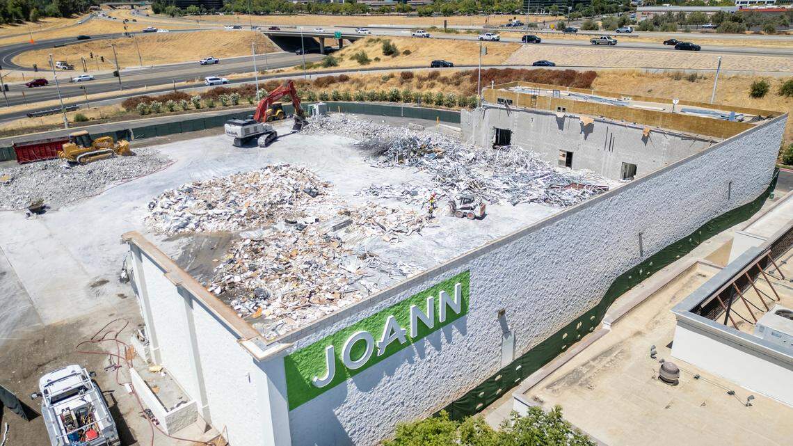 Demolition of the old Joann fabric store at Blackstone and Nees in north Fresno is shown nearly completed on Monday, July 21, 2025. The store closed earlier this year due to bankruptcy. Built in 2005, the 35,000-square-foot building will be replaced by something else but executives of the property haven’t decided what yet.