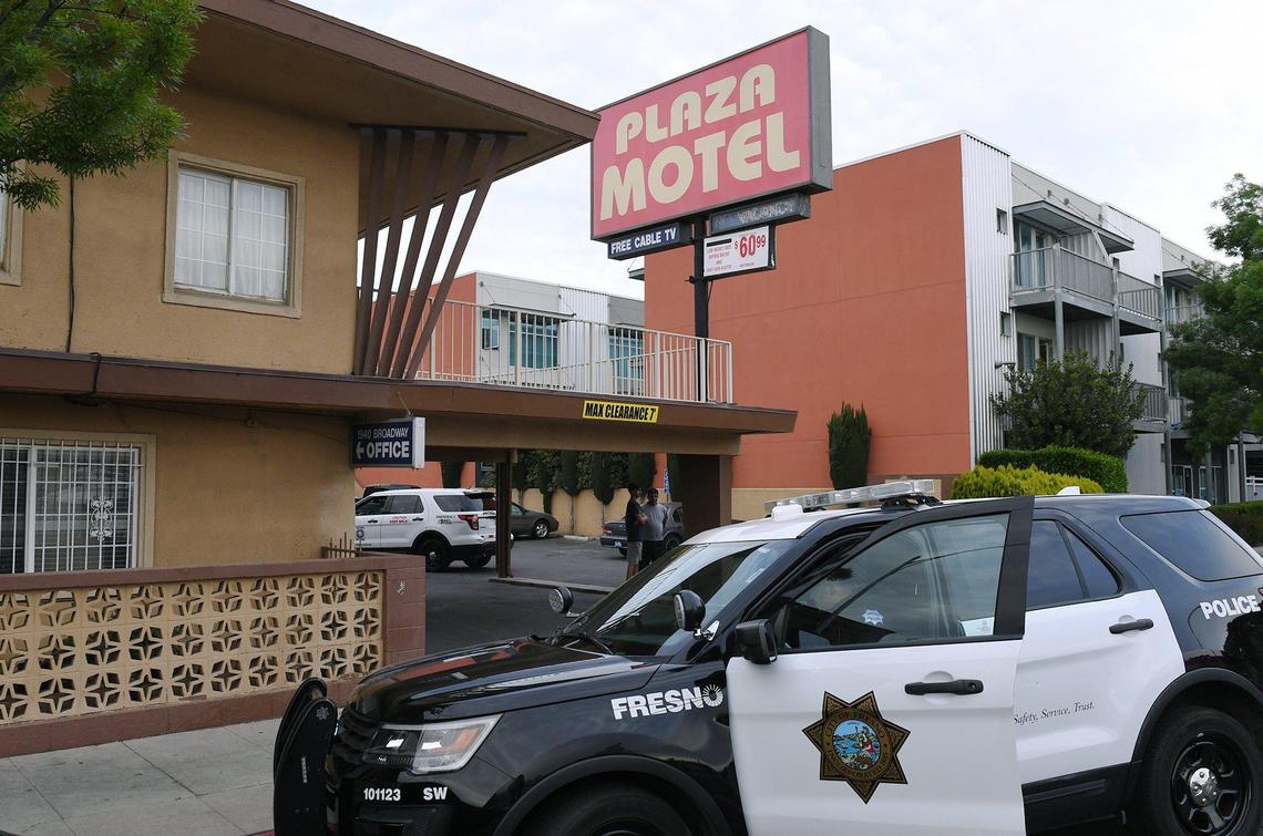 The Plaza Motel, where a man was found outside suffering from bad burns and another person dead inside a room after an early-morning fire Saturday, April 24, 2021, in downtown Fresno.
