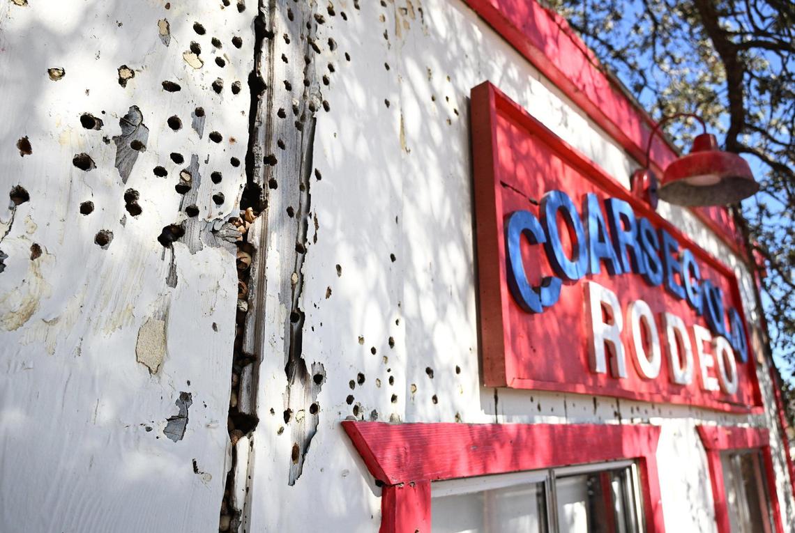 Acorns are seen left by woodpeckers at the Coarsegold Rodeo Grounds ticket booth entrance Friday, Nov. 8, 2024 near Coarsegold. New owners Ryan and Melissa Steward have plans to rejuvenate the rodeo.