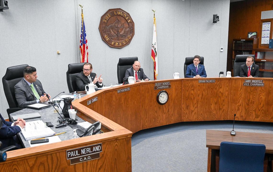 Members of the Fresno County Board of Supervisors, from left, Luis Chavez, Nathan Magsig, Buddy Mendes, Brian Pacheco and Garry Bredefeld, sit at the dais during their first meeting of the year on Tuesday, Jan. 7, 2025.