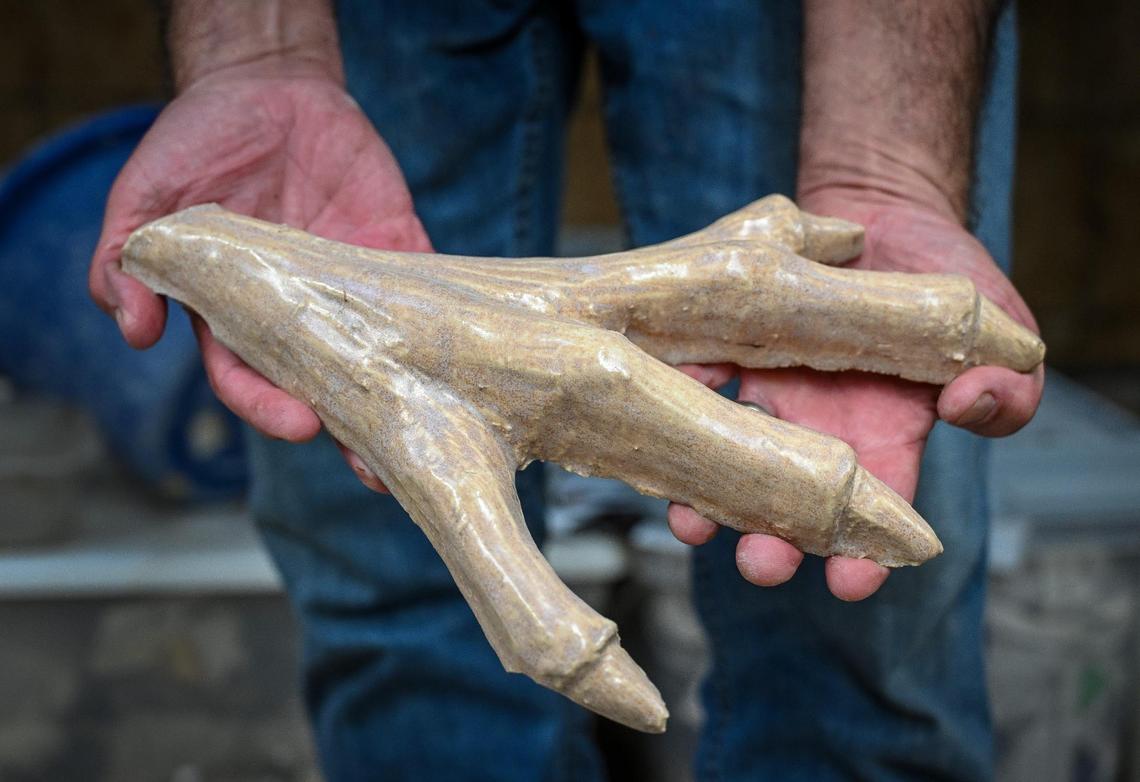David Roberts shows the talon of a great blue heron ceramic mural that he and a class of University High School students created in 2022. He has been trying to find someone willing to invest in having the piece installed along the Lewis S. Eaton Trail in north Fresno to no avail.