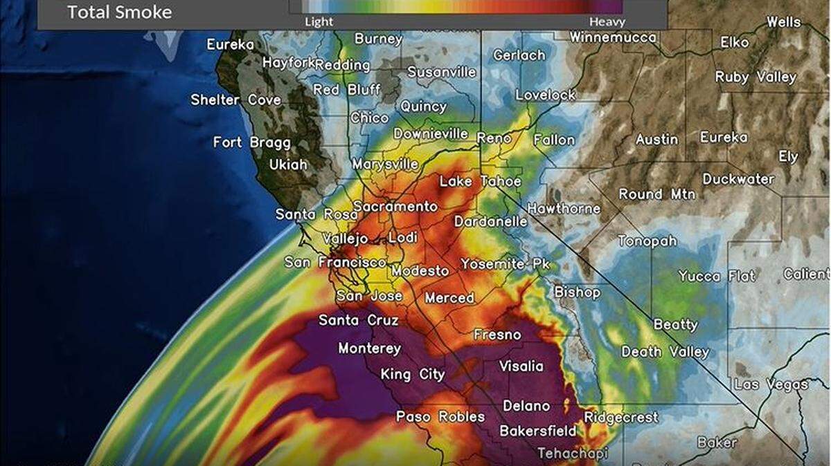 This computer model depicts heavy smoke from the KNP Complex and Windy wildfires in Sequoia National Park and Sequoia National Forest impacting most of Central California this weekend.