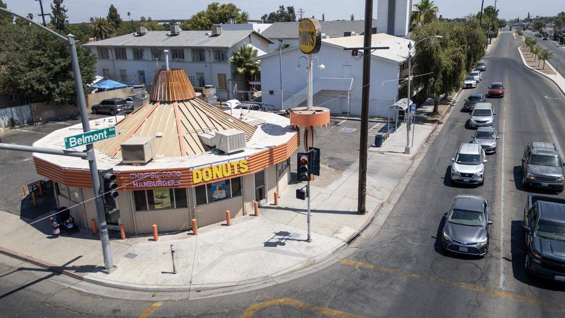 Christy's Donuts is located in a round-shaped building on Belmont at Fresno Street.