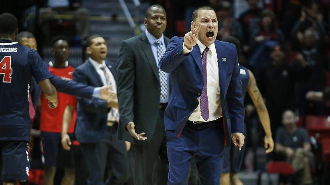 Fresno State coach Justin Hutson, making his first trip back to San Diego State where he had served as an assistant, argues a call during a timeout in the game Wednesday night, March 6, 2019. Fresno State won 76-74.