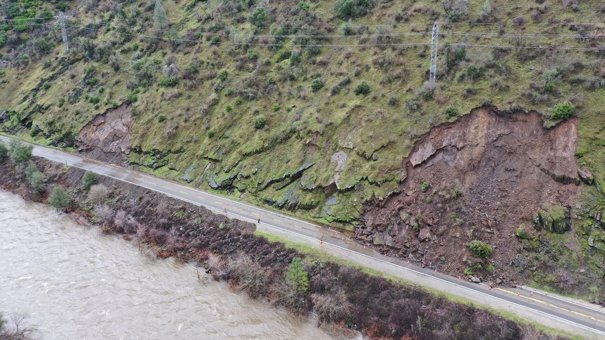 An aerial view of Highway 140 near Briceburg in Mariposa County. A rockslide on Jan. 15, 2023, has kept the highway closed to traffic.