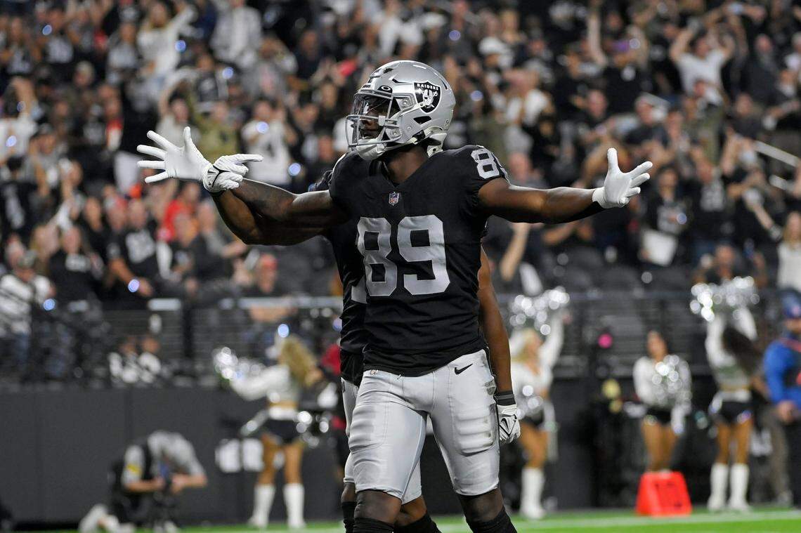 Las Vegas Raiders wide receiver Bryan Edwards (89) celebrates after scoring a touchdown against the Kansas City Chiefs during the second half of an NFL football game, Sunday, Nov. 14, 2021, in Las Vegas.
