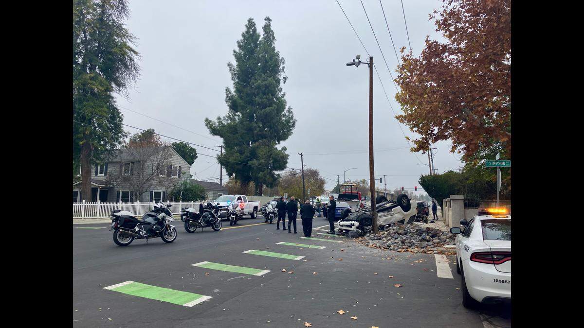 The aftermath of a vehicle collision at Palm and Simpson avenues on Dec. 18, 2025. The crash destroyed a historic pillar that stood on the corner.