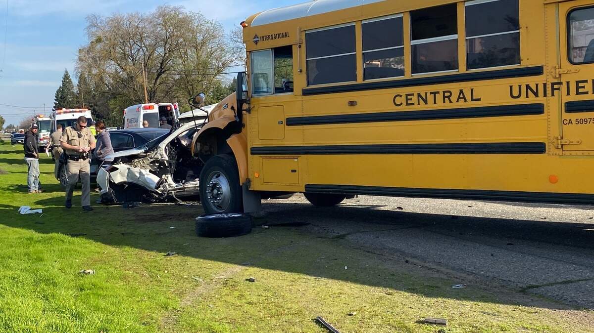A school bus from Central Unified was involved in a three-vehicle crash on Tuesday, Feb. 13, 2024.