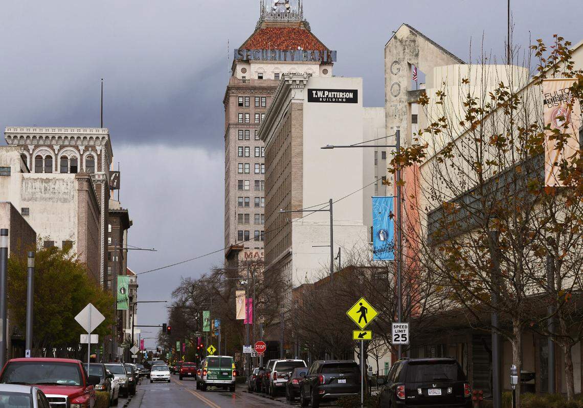 Dark clouds seen over downtown Fresno Monday, March 15, 2021.
