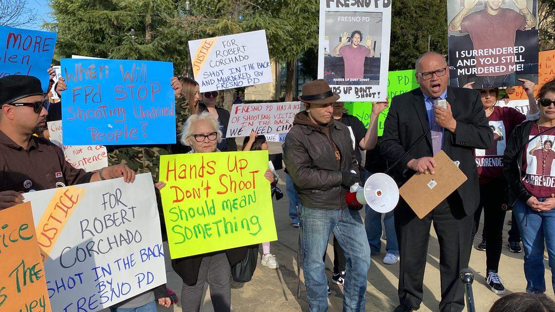 Fresno civil rights attorney Kevin Little speaks at a rally protesting police shootings Wednesday, March 15 outside the federal courthouse in downtown Fresno, California.