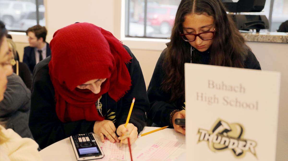 Students from Buhach Colony High are shown competing in the Super Quiz of the 2023 Merced County Academic Decathlon.