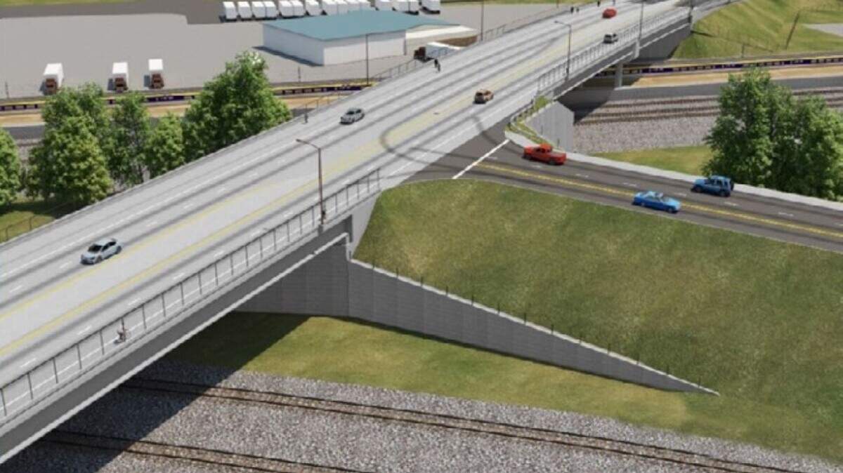 An artist’s rendering depicts the Church Avenue overpass to be built over existing freight rail tracks and future high-speed rail tracks at the south end of Fresno.