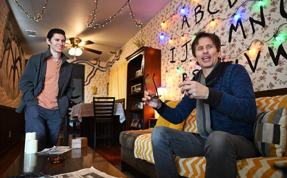 Chris Lofing, left, and Travis Cluff, right, talk about the inspiration behind creating a Stranger Things theme for their Airbnb rental in Clovis during an interview Tuesday, Jan. 13, 2026.