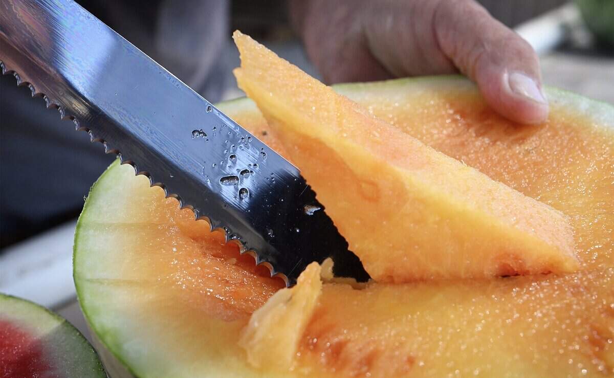 The orange colored flesh of the Orange Crush watermelon variety offered through the Dicky Don label is shown Monday, June 15, 2026 near Sanger.