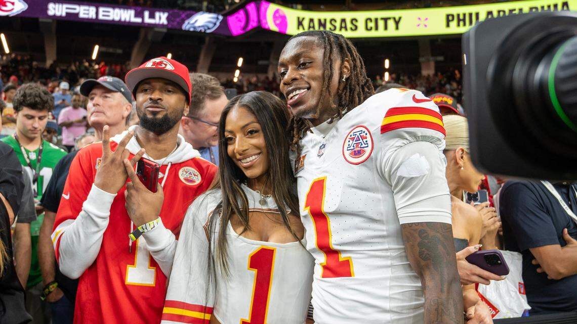 In happier times, Kansas City Chiefs wide receiver Xavier Worthy and Tia Jones, his former fiancée, pose for photographs following Super Bowl LIX on Feb. 9, 2025, in New Orleans, during which Worthy set the rookie record for receiving yards (157) and scored two touchdowns.