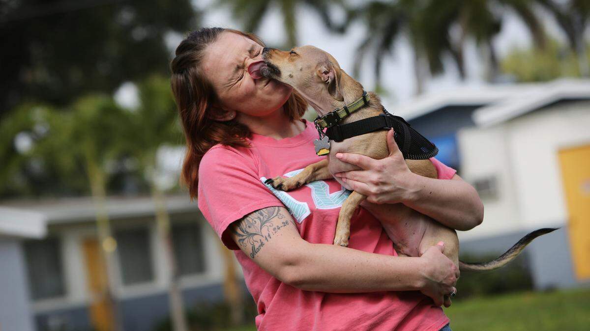 Crystal Jacques, a hospitality and tourism major, holds her dog Oliver, a trained pet therapy dog. Jacques and Oliver live in student housing at the Arch Creek residence on the Johnson & Wales University campus.