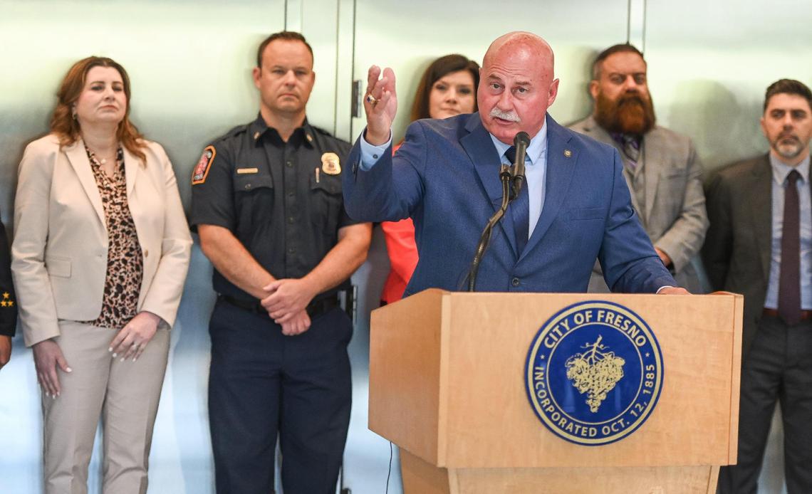Mayor Jerry Dyer answers questions after presenting his fiscal year 2024 mayor’s budget during a news conference at Fresno City Hall on Thursday, May 18, 2023.