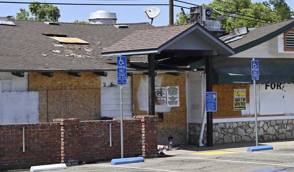 Bobby Salazar’s Mexican Restaurant, permanently closed, shows signs of a fire at its location on Blackstone Ave. just south of Shields Ave. Tuesday, Aug. 26, 2025 in Fresno. Fresno restaurant operator Robert “Bobby” Salazar, 63, has been arrested on a federal complaint for arson of commercial property and arson in furtherance of a felony for directing a motorcycle gang member to set fire to an underperforming restaurant property, U.S. Attorney Eric Grant announced on Tuesday.