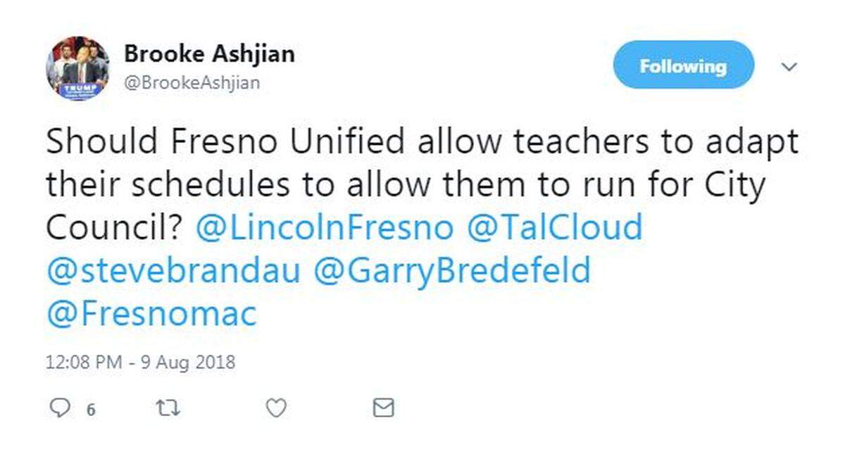 Fresno Unified trustee Brooke Ashjian in a tweet questions whether a city council candidate should be able to keep his district job.