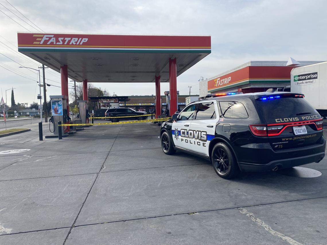 Police investigate a gas station in Fresno where a man ran from the rental truck he stole in Clovis on Tuesday, Feb. 21, 2023, according to a Clovis police spokesperson.