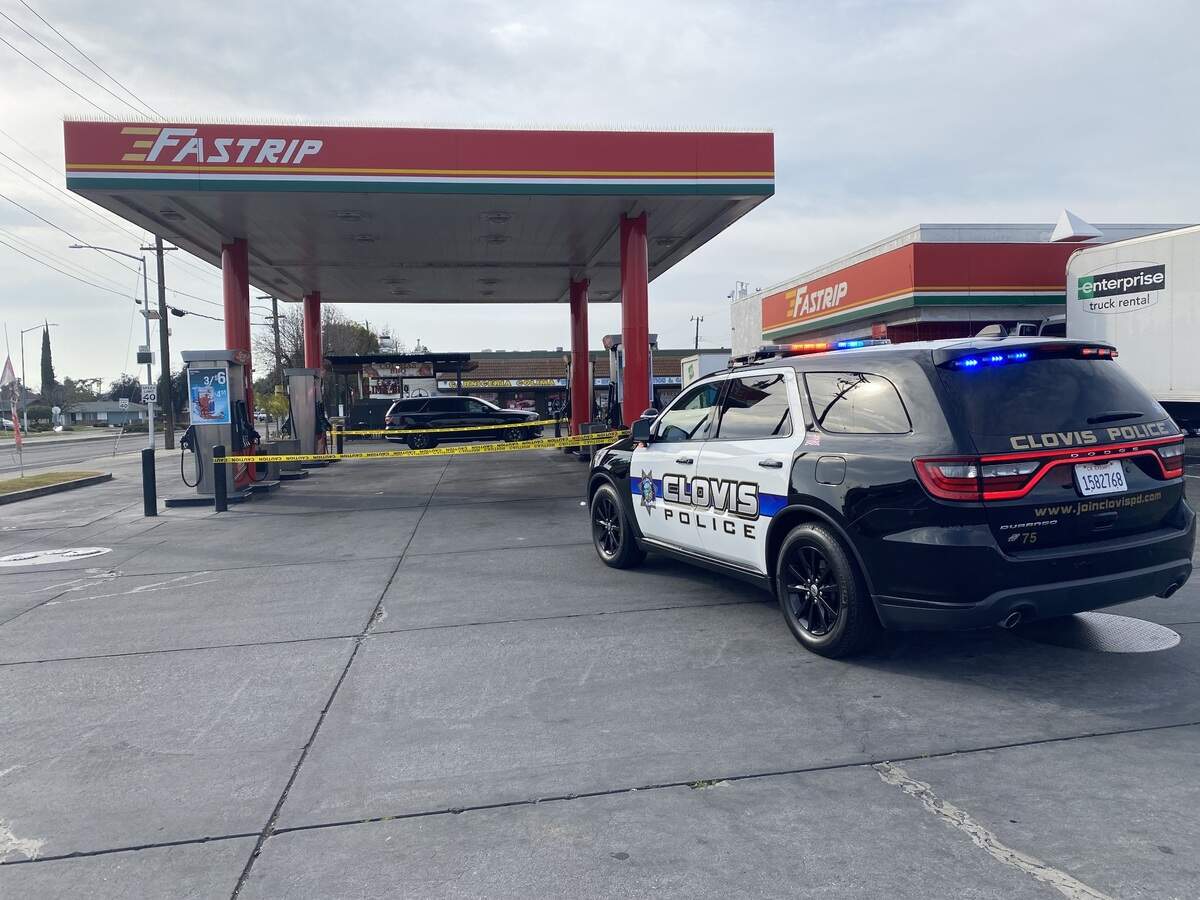Police investigate a gas station in Fresno where a man ran from the rental truck he stole in Clovis on Tuesday, Feb. 21, 2023, according to a Clovis police spokesperson.