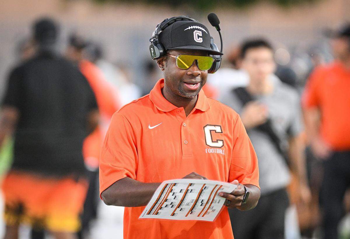 Central West coach Jeff Haynes makes calls from the sideline during their game against Elite-Vallejo at Koligian Stadium on Thursday, Aug. 21, 2025.
