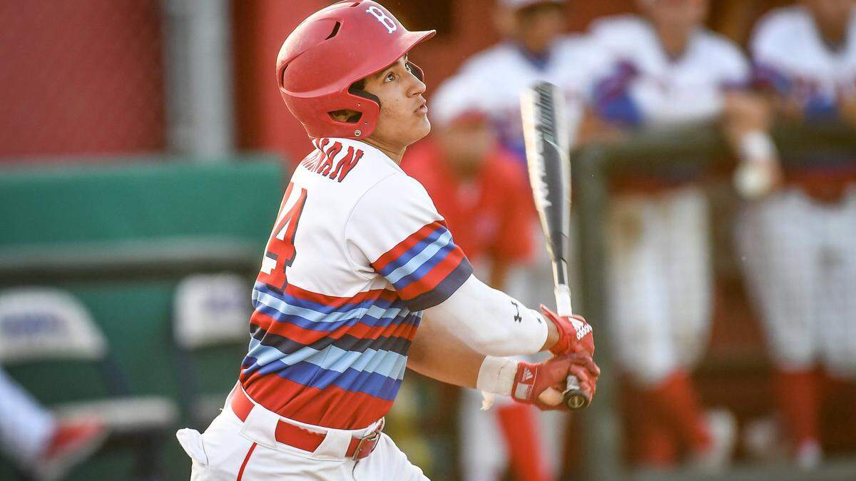 Buchanan’s Jerry Rangel watches the ball after he connected on a swing against Central High in their game at Buchanan on Friday, April 29, 2022.