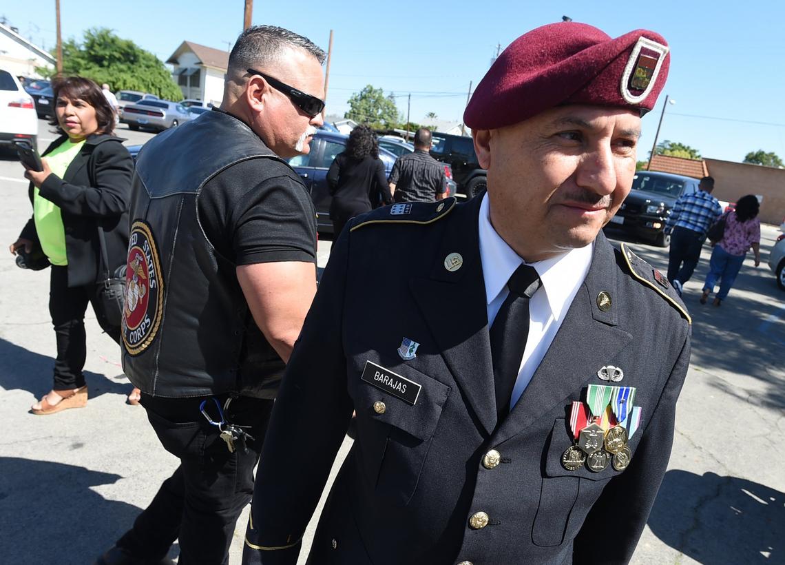 Hector Barajas, director of Deported Veterans Support House, attends the funeral Mass St. Anthony of Padua Catholic Church in Reedley, Friday morning, April 20, 2018, for fellow veteran, Enrique Salas, who was deported to Mexico.