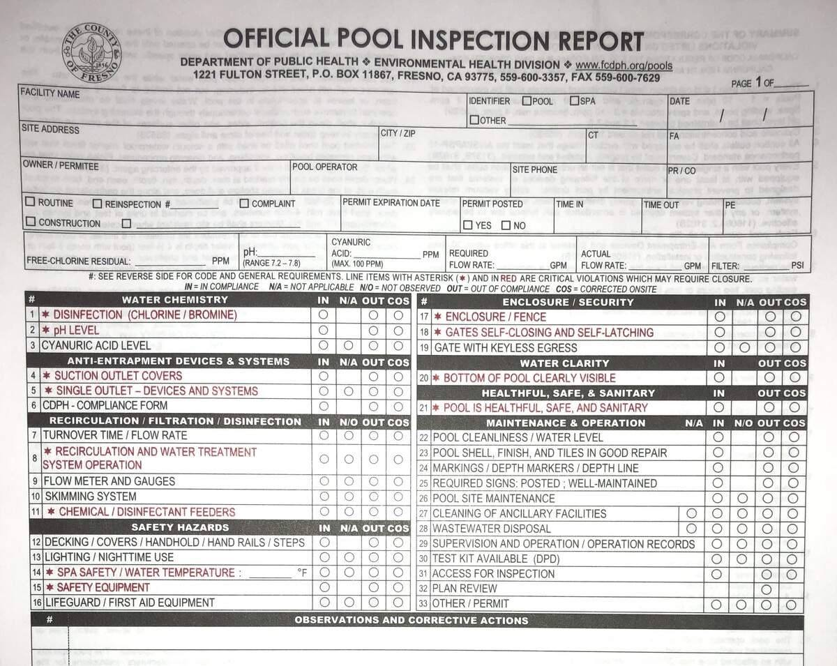 A partial page from an inspection checklist shows the points that county inspectors examine when inspecting public swimming pools at apartments, hotels and motels, parks, playgrounds, schools, health clubs and others. Items marked with an asterisk (*) are points of particular concern for which an inspector can close a pool if found out of compliance.