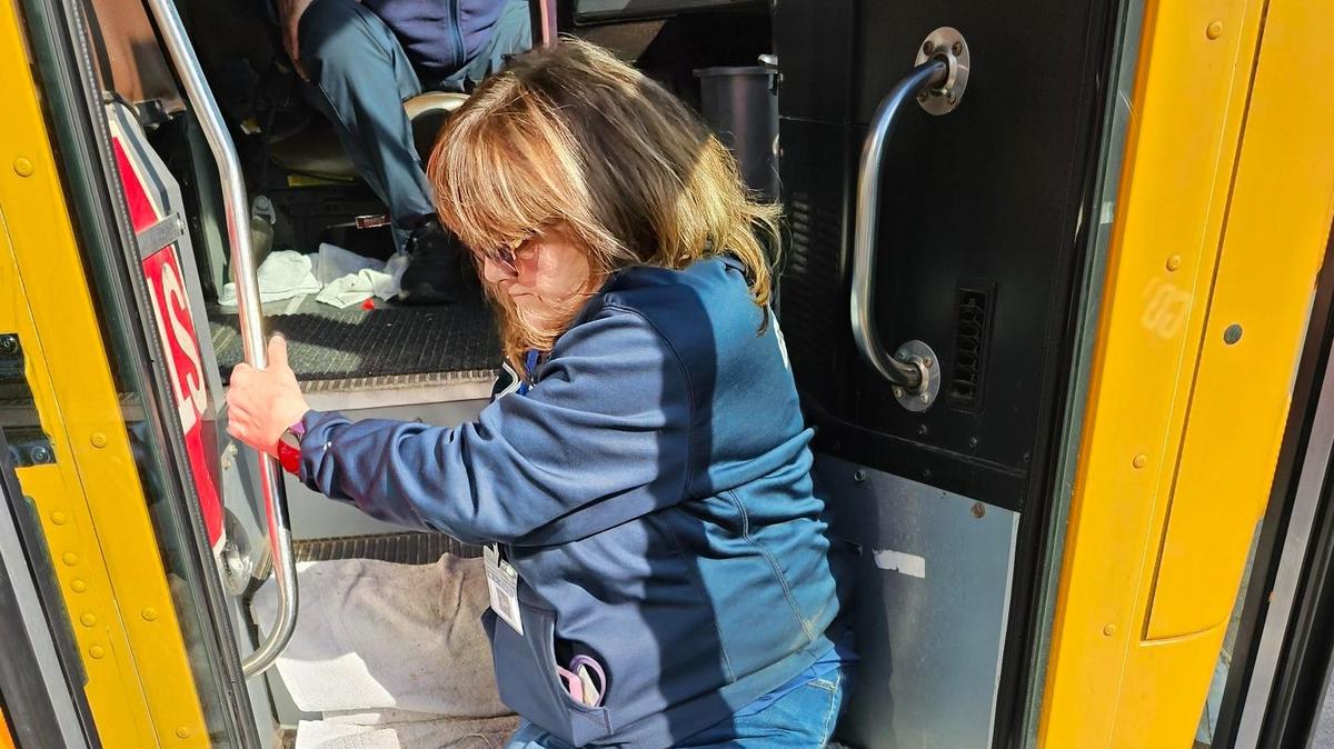 Jackie Esquivel, who relies on a wheelchair for mobility, was forced to crawl up the stairs of a school bus to board for a field trip to the Fresno Police Department in February 2024.