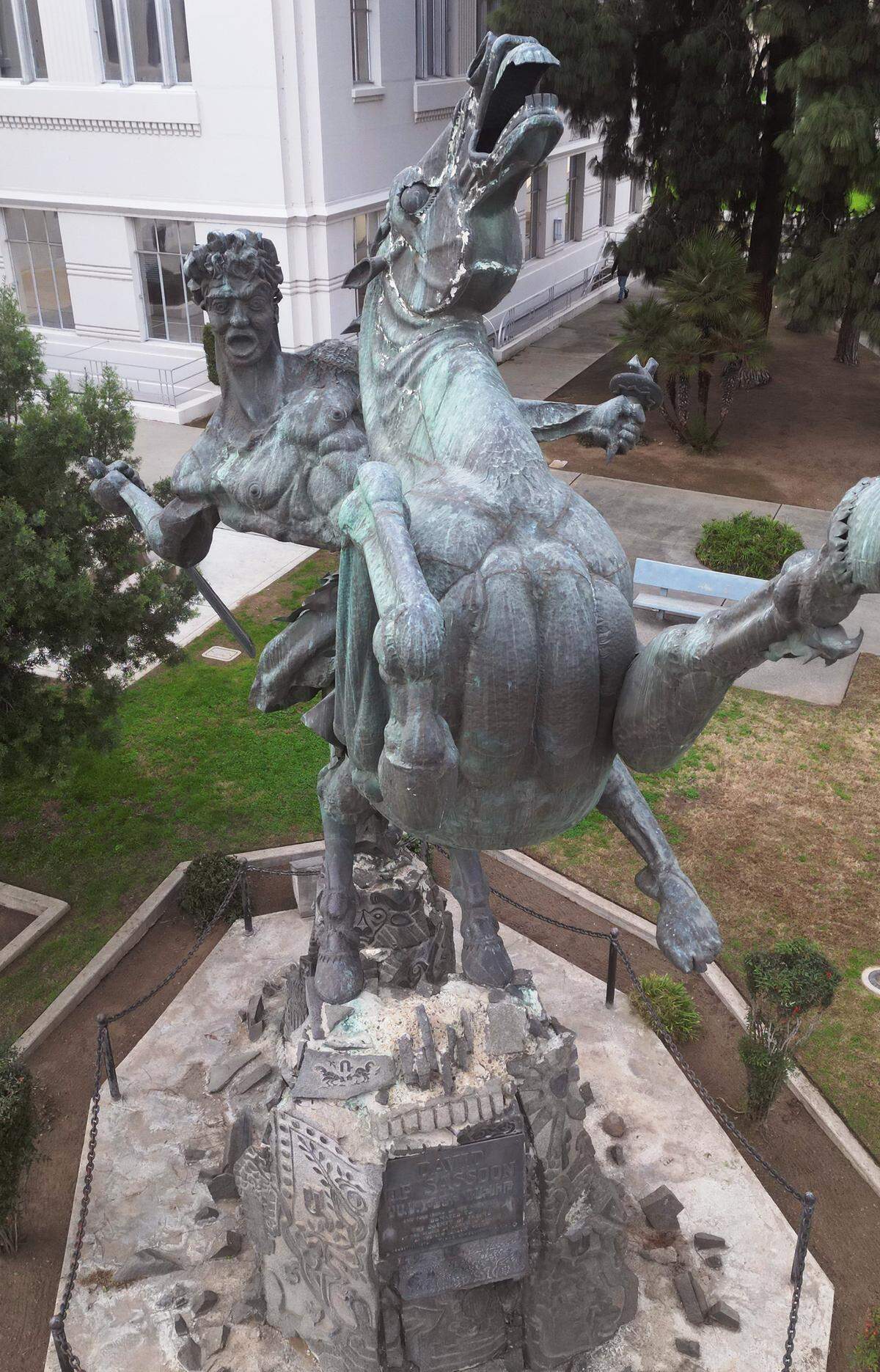 The finished statue of David of Sassoon by sculptor Varaz Samuelian, erected Aug. 11, 1970, stands in front of the Hall of Records in Courthouse Park in downtown Fresno. Photographed Thursday, Jan. 22, 2026.