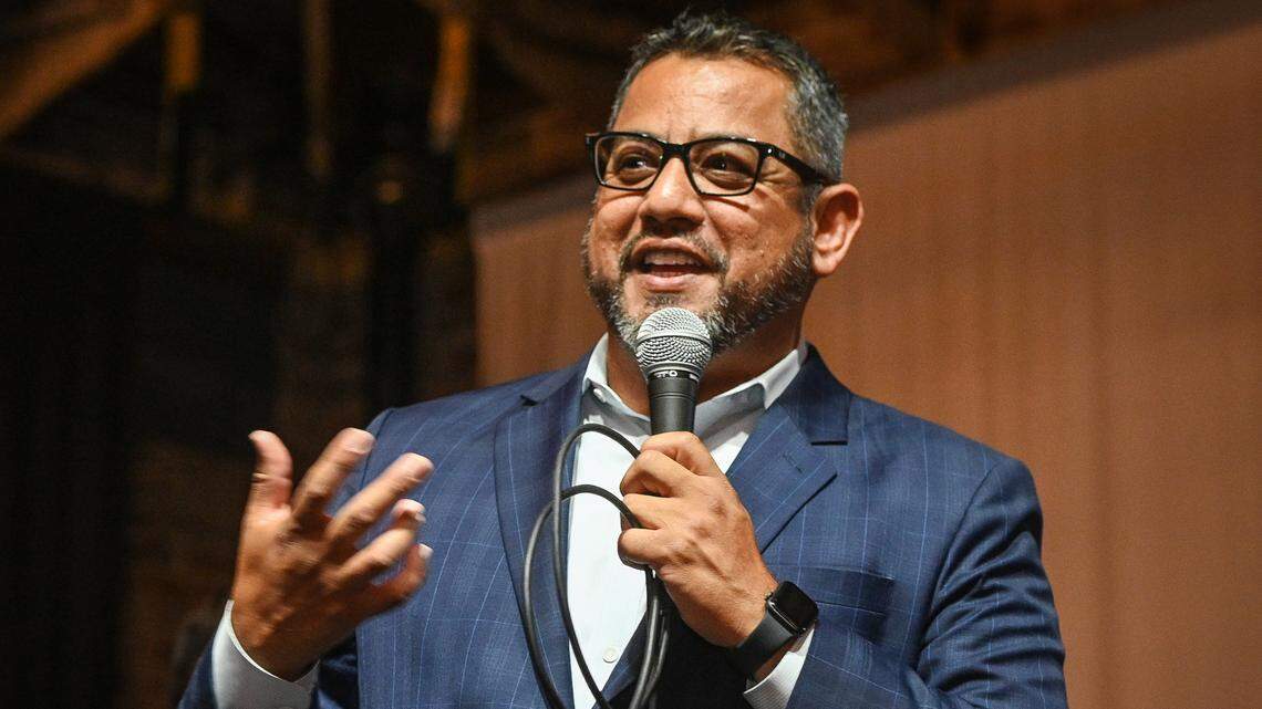 Fresno City Councilmember Miguel Arias speaks to a large crowd of supporters during a watch party at Full Circle Brewing in downtown Fresno on Tuesday, June 7, 2022.