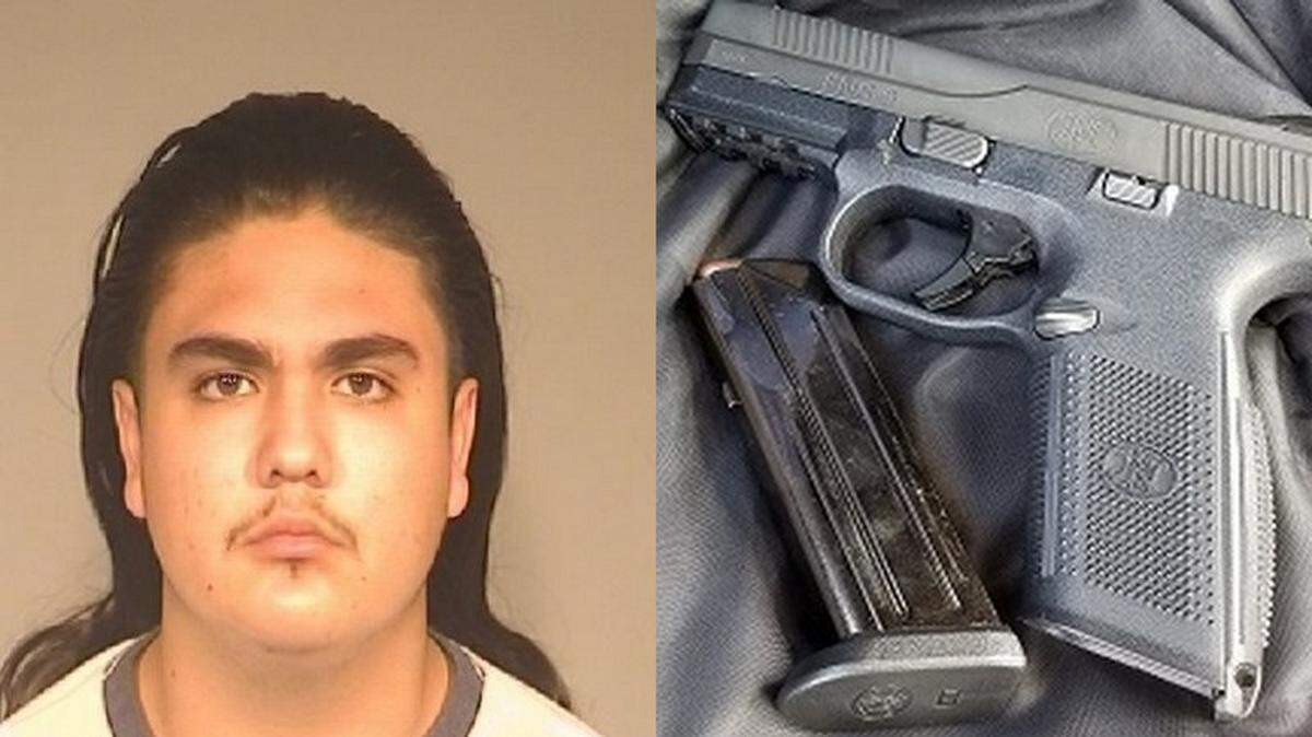 Police reported confiscating a FN 9 mm pistol, stolen in Alaska, from Jonathan Delatorre, 19, Monday night in Fresno.